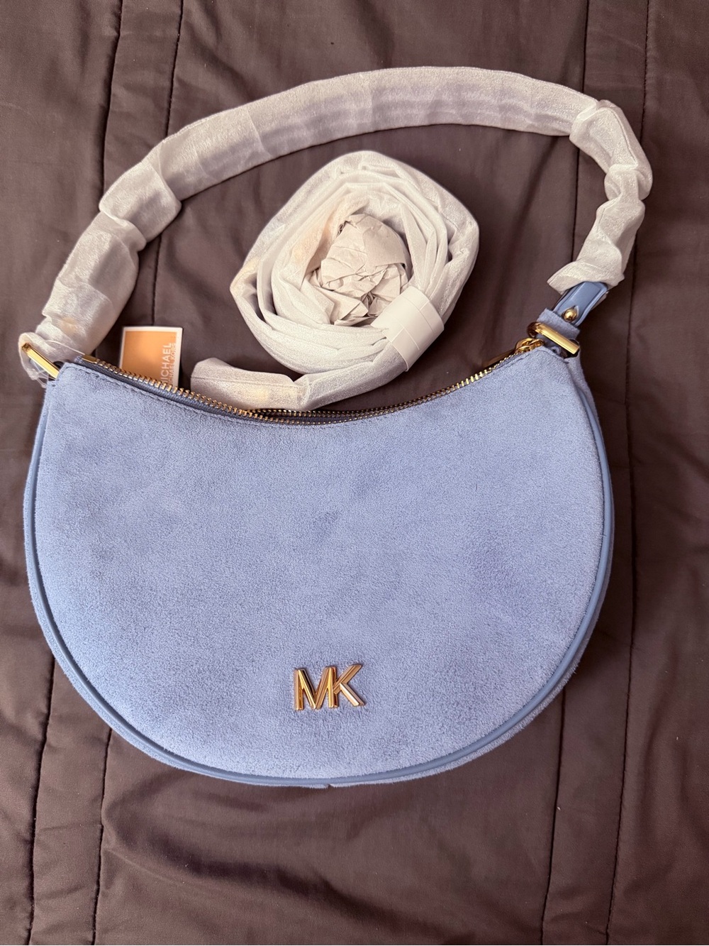 Michael Kors Blue Suede Crescent Shoulder Bag with Gold MK Hardware